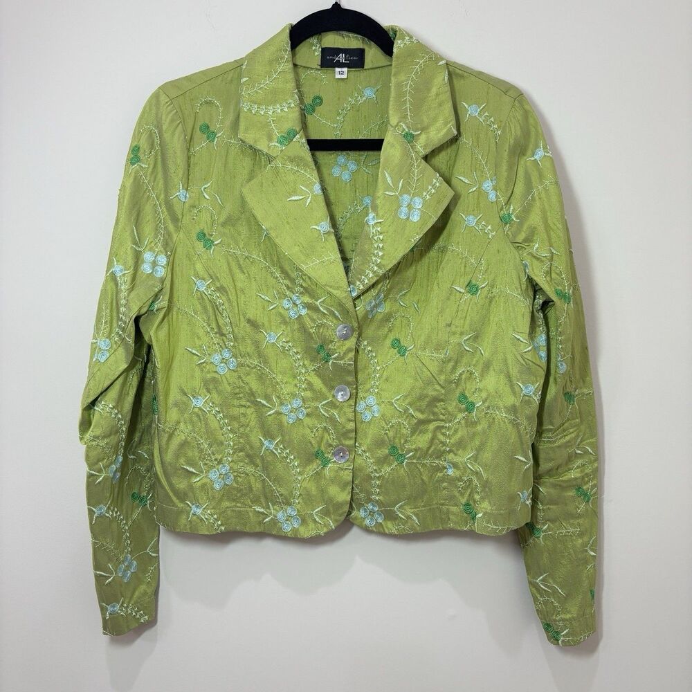 VTG 100% Silk Floral Embroidered Jacket Women 12 Green Cottage Phoebe Boho Artsy